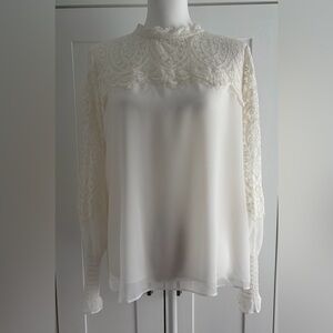 White House Black Market Ivory Lace Yoke Long-Sleeve Blouse